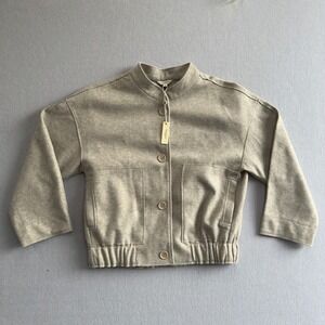 Max Studio London Button Wool-Blend Look Bomber Jacket Womens M Heather Oatmeal